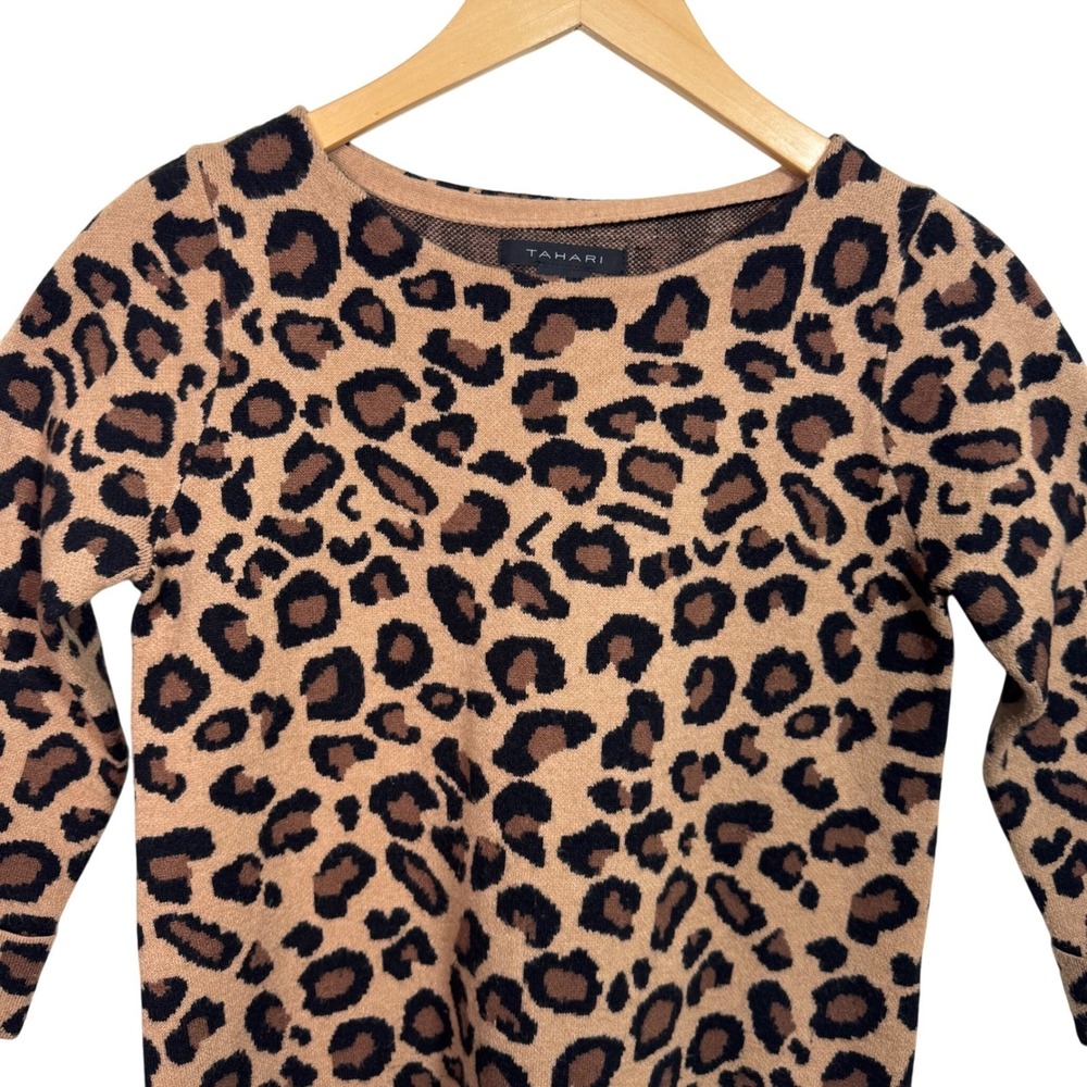 Tahari Small Womens‎ Leopard Print Knit 3/4 Sleeve Sweater Cuffed Crew Neck